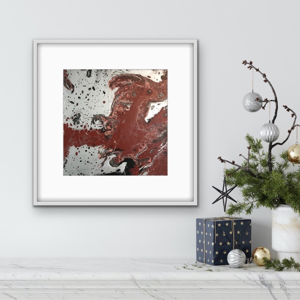 12 x 12” red & silver abstract acrylic painting signed by artist